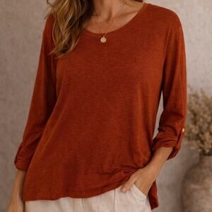 Adrienne Vittadini Linen knit Top Size XS Rust High Low Hem Round Neck Pullover